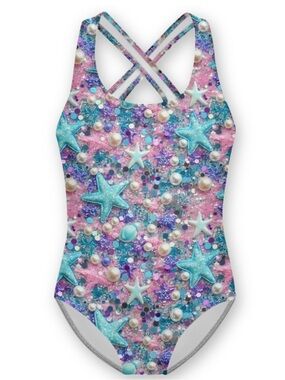 Girls Size 8 Premium Graphic Print Mermaid Starfish One Piece Swimsuit Lined
